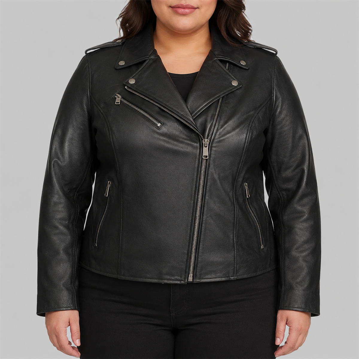 Genuine Leather Moto Jacket with Epaulets