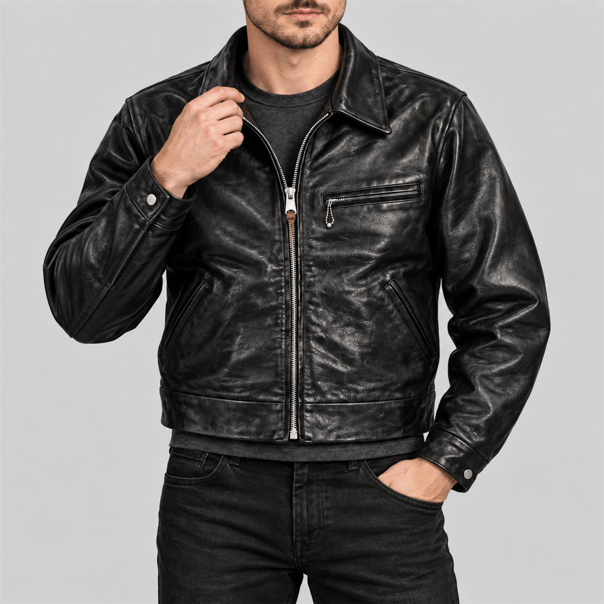 Men's 1930s Cropped Single Black Tea-Core Cowhide Leather Jacket
