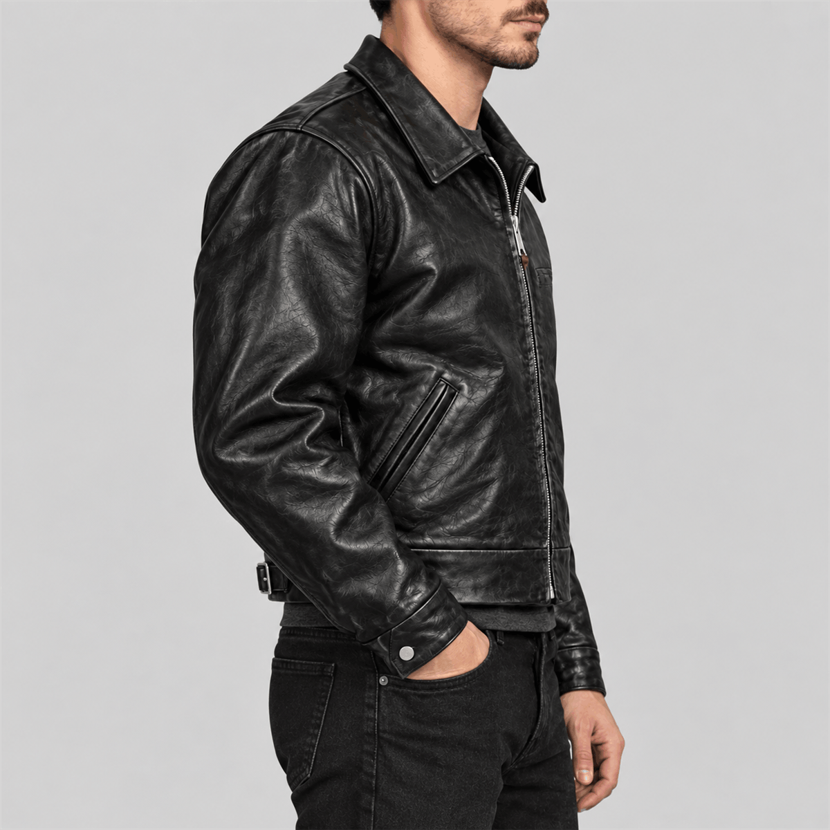 Men's 1930s Cropped Single Black Tea-Core Cowhide Leather Jacket