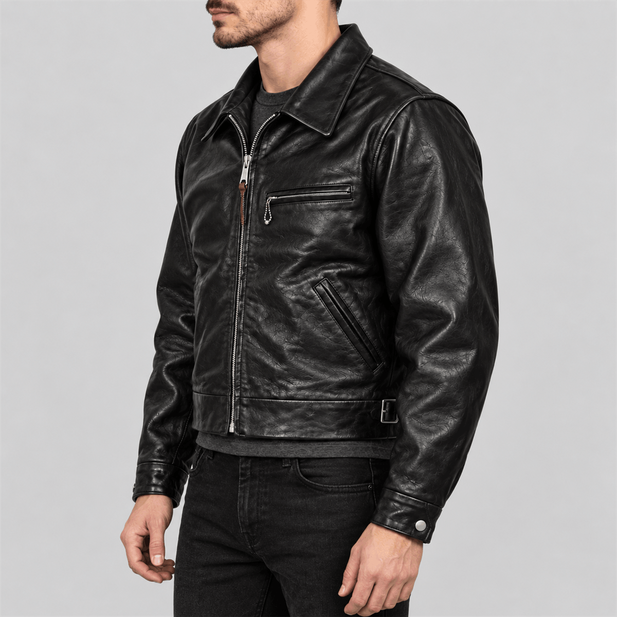 Men's 1930s Cropped Single Black Tea-Core Cowhide Leather Jacket