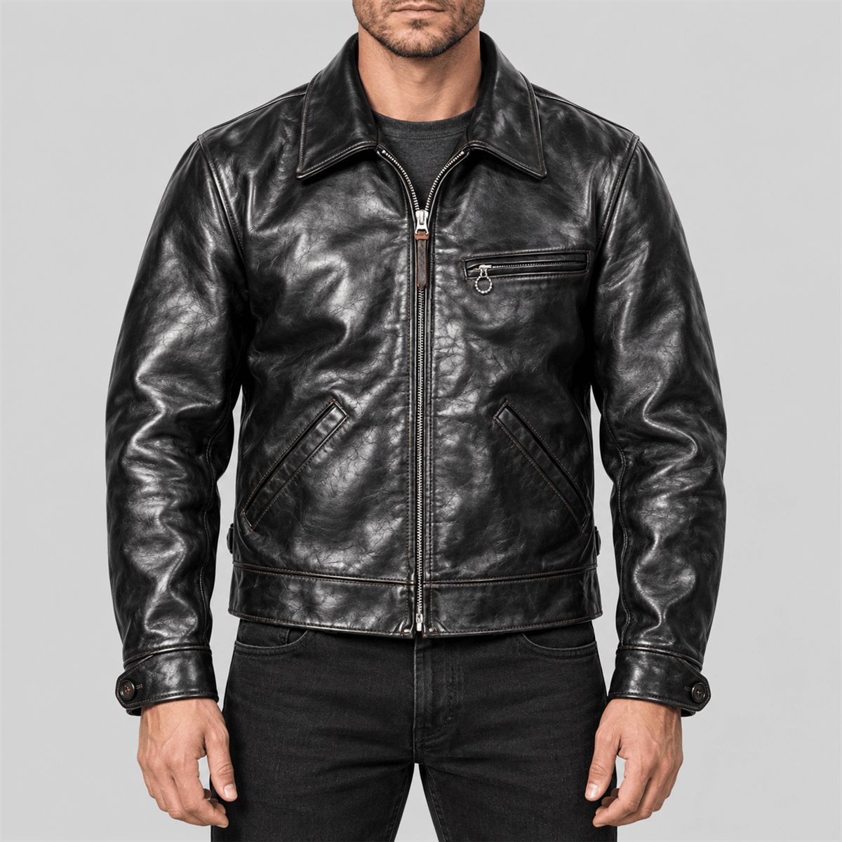 Men's 1930s Half-Belt Black Tea-Core Cowhide Leather Sports Jacket