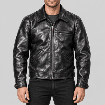 Men's 1930s Half-Belt Black Tea-Core Cowhide Leather Sports Jacket