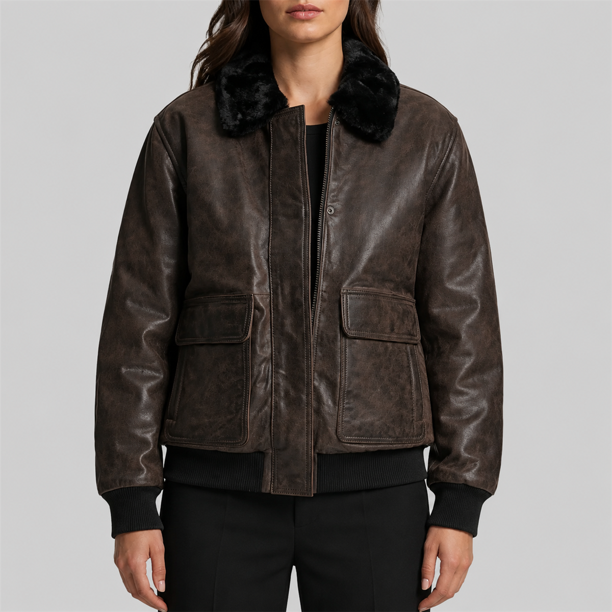 TSEZ Leather Oversized Faux-Fur Collar Leather Bomber Jacket