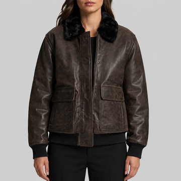 TSEZ Leather Oversized Faux-Fur Collar Leather Bomber Jacket