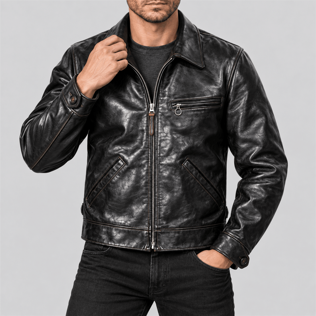 Men's 1930s Half-Belt Black Tea-Core Cowhide Leather Sports Jacket