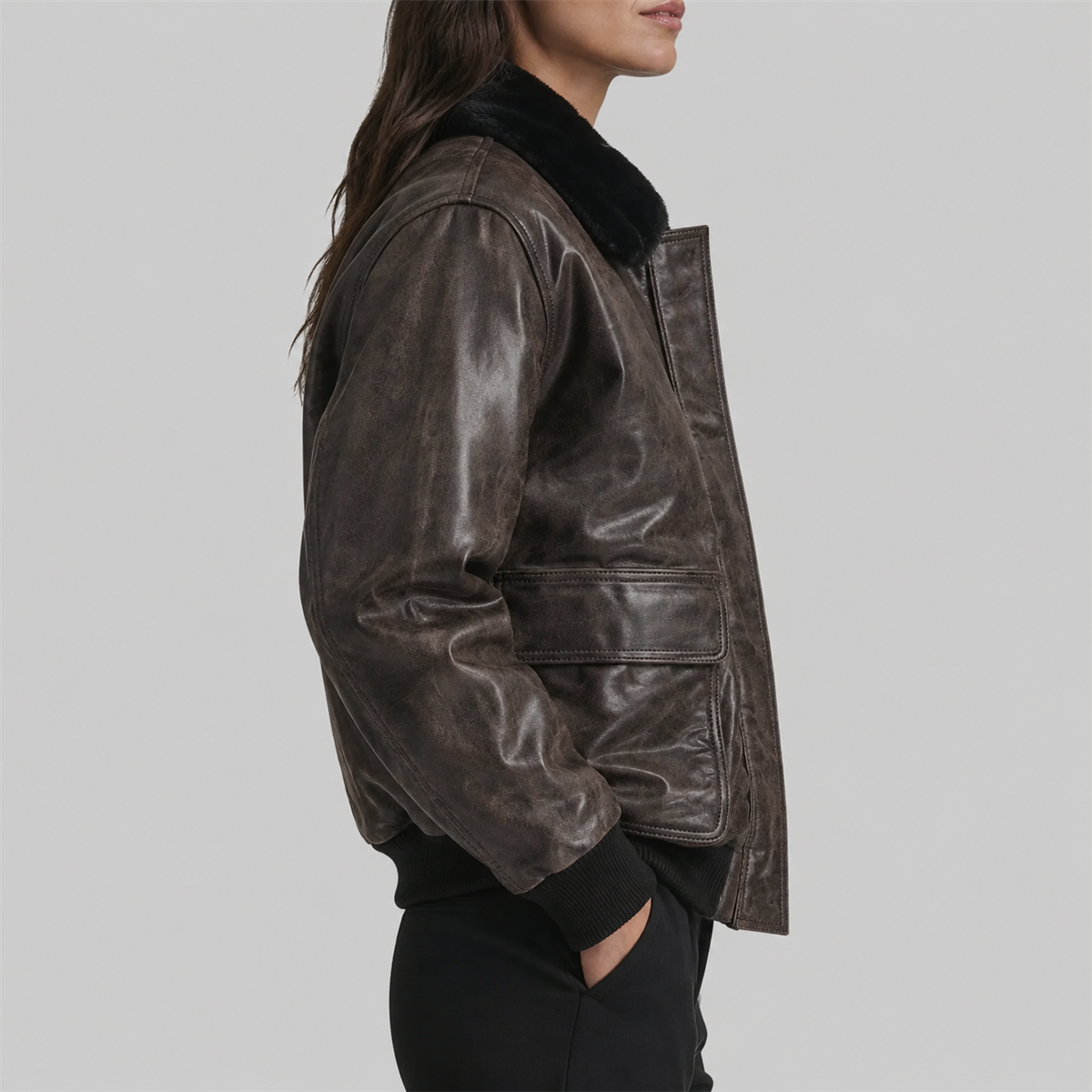 TSEZ Leather Oversized Faux-Fur Collar Leather Bomber Jacket