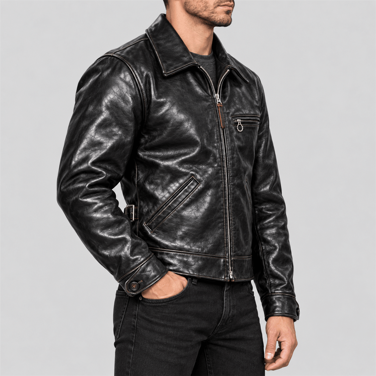 Men's 1930s Half-Belt Black Tea-Core Cowhide Leather Sports Jacket