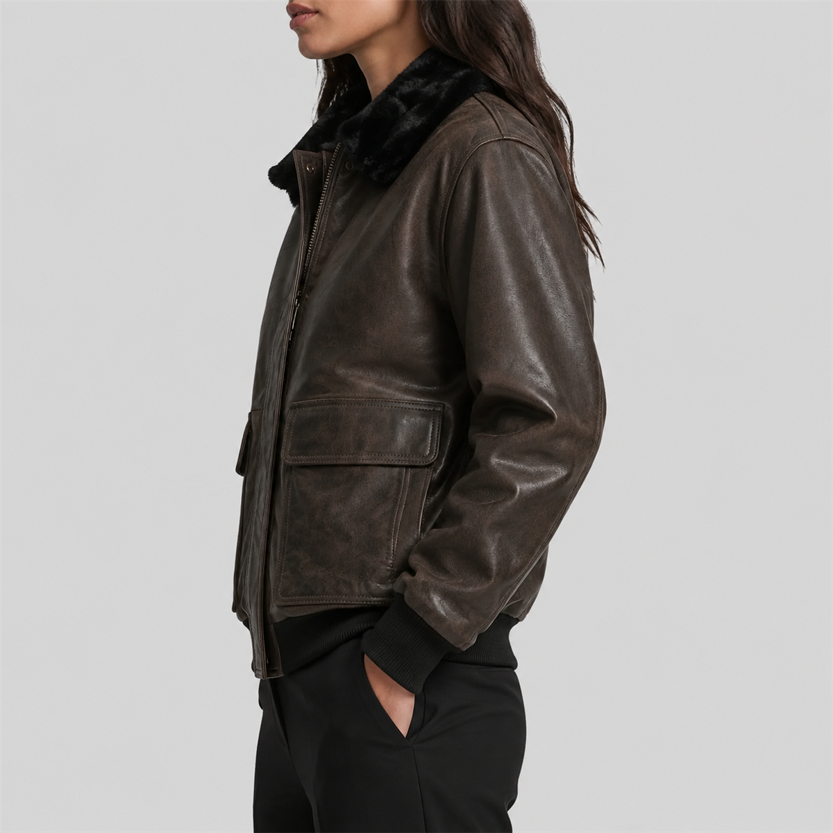 TSEZ Leather Oversized Faux-Fur Collar Leather Bomber Jacket