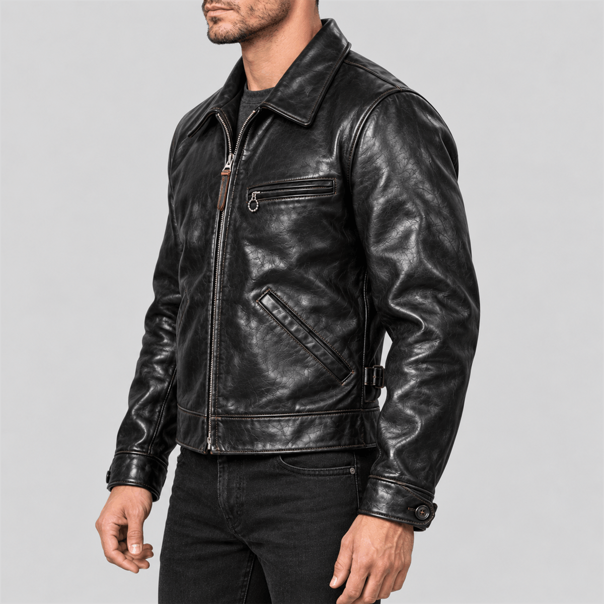 Men's 1930s Half-Belt Black Tea-Core Cowhide Leather Sports Jacket