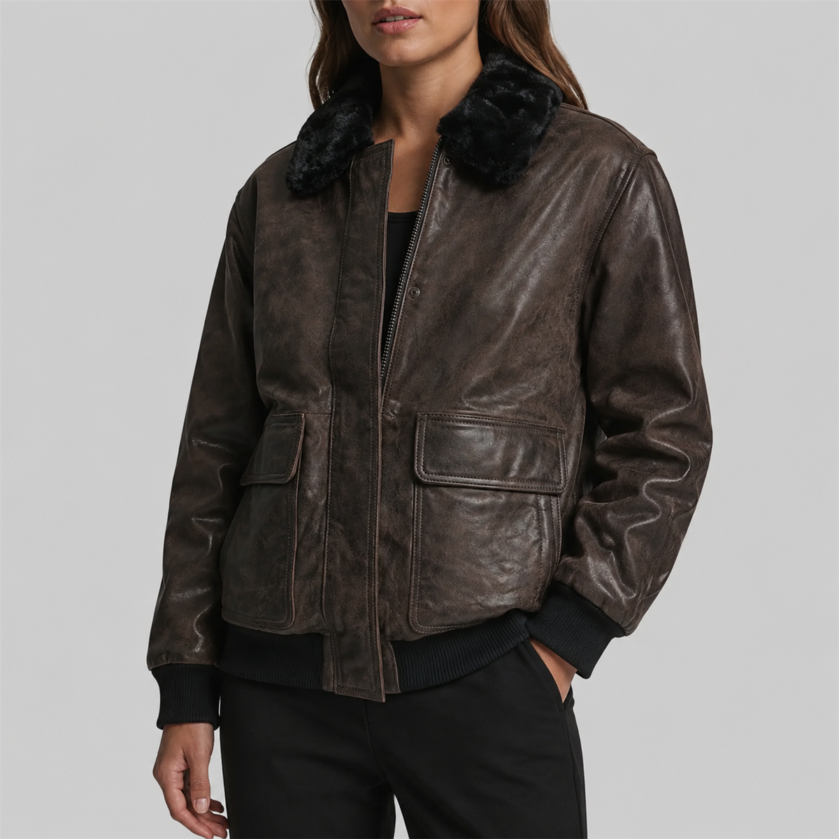 TSEZ Leather Oversized Faux-Fur Collar Leather Bomber Jacket