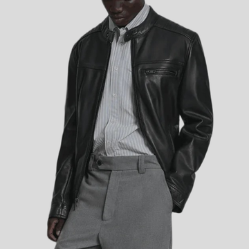 Men's Quilted Leather Racer Jacket - Black