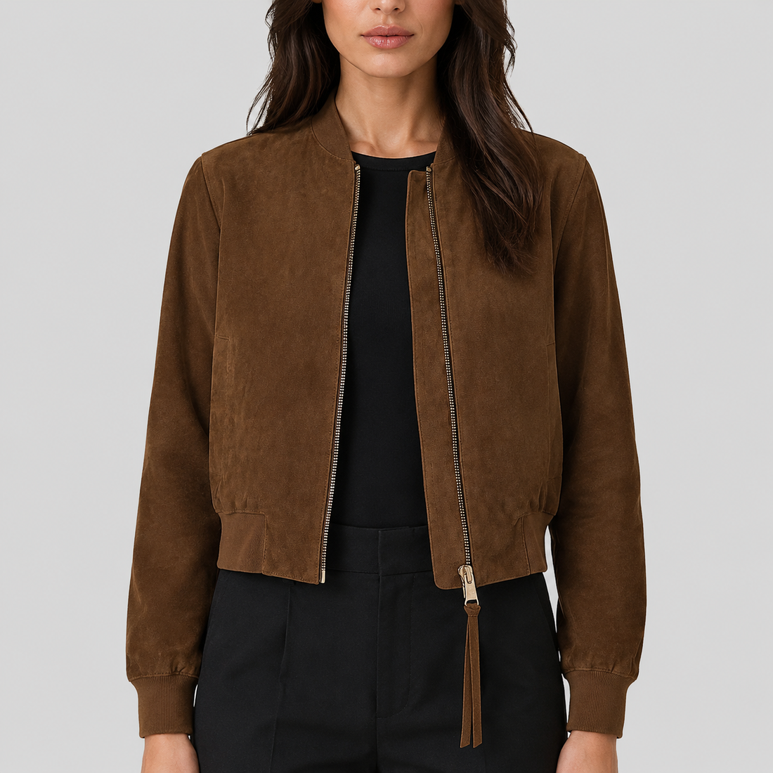 Women's Brown Suede Classic Bomber Jacket - Brown