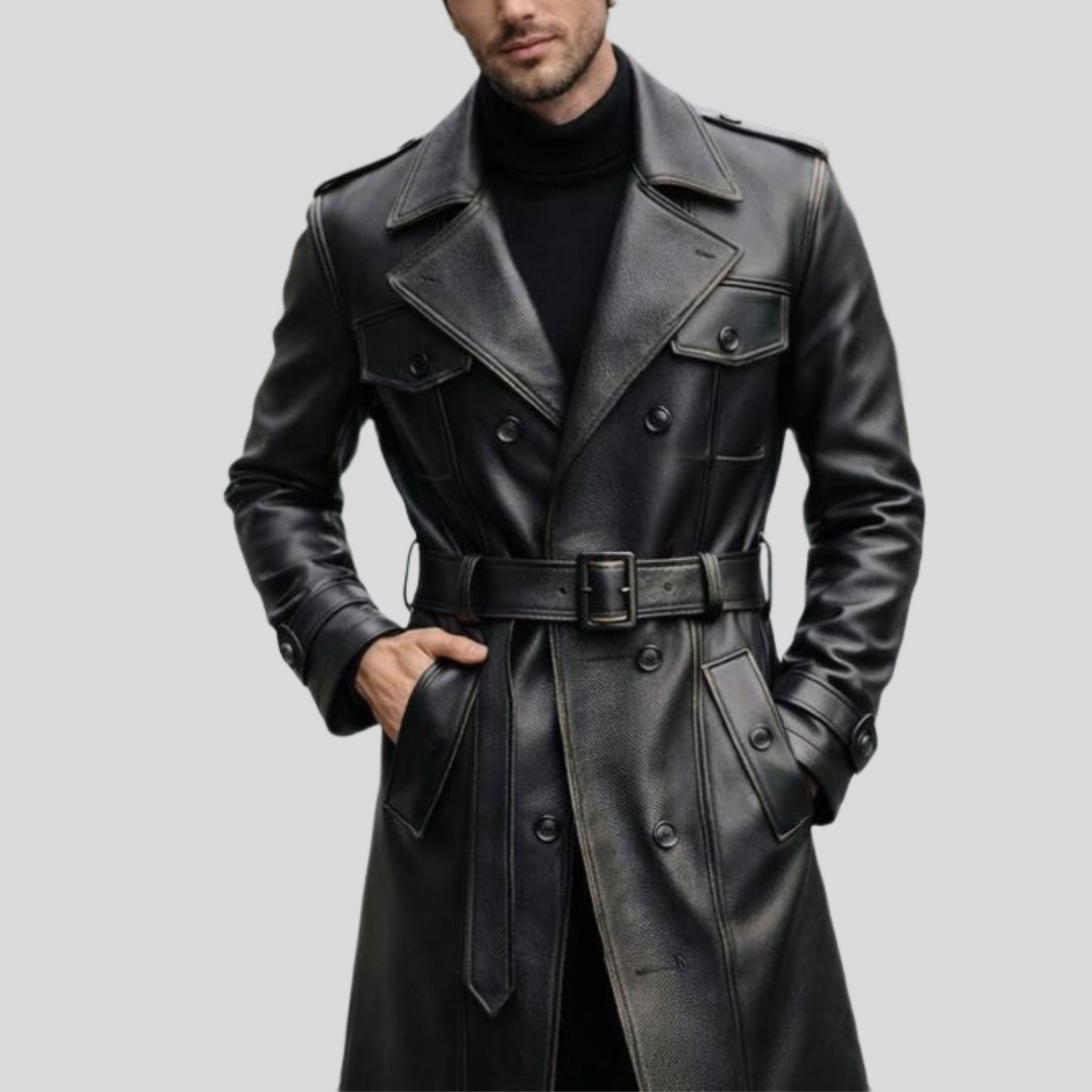 Men's Black Cowhide Leather Trench Overcoat - Black