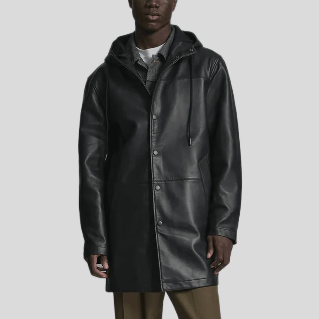 Men's Leather Anorak Car Coat - Black