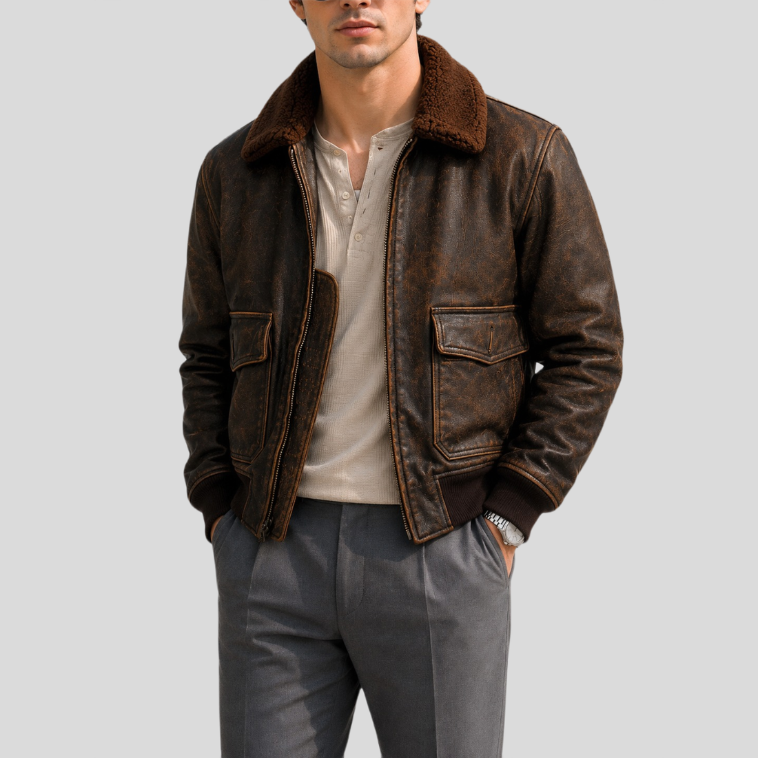 Men's Avenger Distressed Sheepskin Leather Flight Bomber Jacket - Brown
