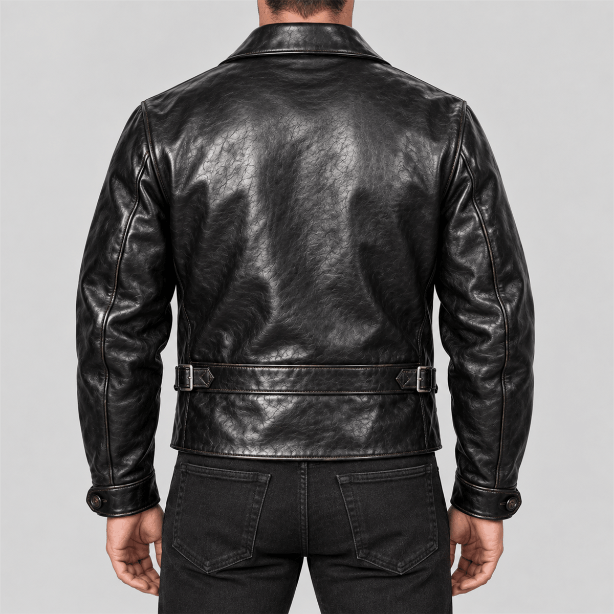 Men's 1930s Half-Belt Black Tea-Core Cowhide Leather Sports Jacket