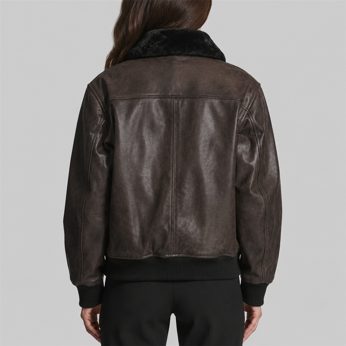 TSEZ Leather Oversized Faux-Fur Collar Leather Bomber Jacket