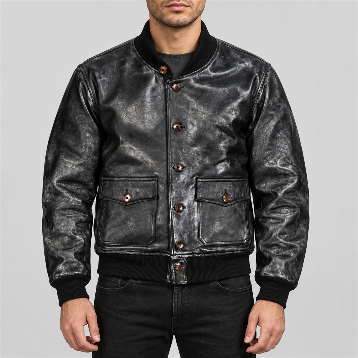 Men's 1927 A-1 Style Black Tea-Core Cowhide Leather Flight Jacket