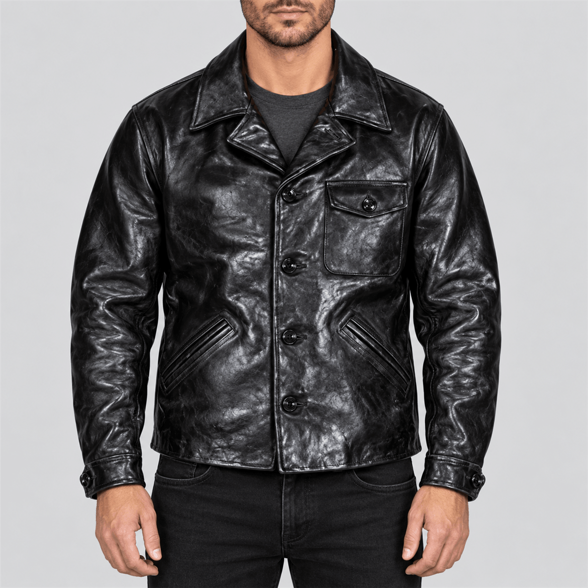 Men's Vintage Black Button-Front Half-Belt Cowhide Leather Jacket