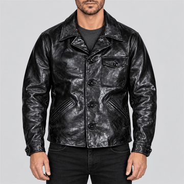 Men's Vintage Black Button-Front Half-Belt Cowhide Leather Jacket