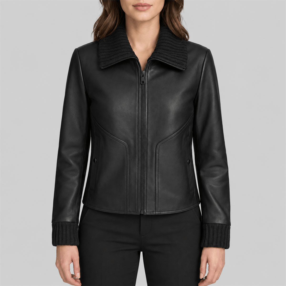 Women's black Snap-Front Leather Jacket