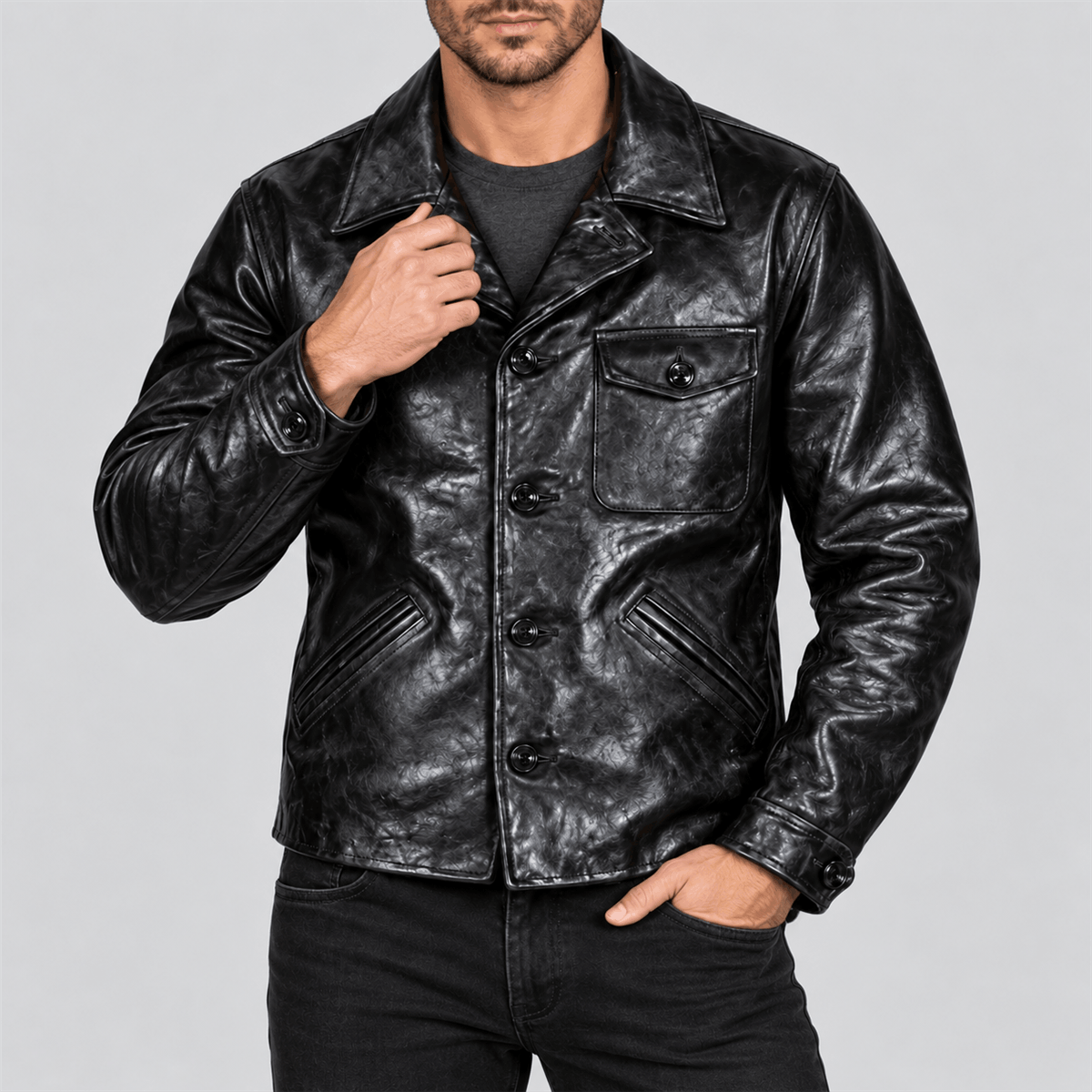 Men's Vintage Black Button-Front Half-Belt Cowhide Leather Jacket