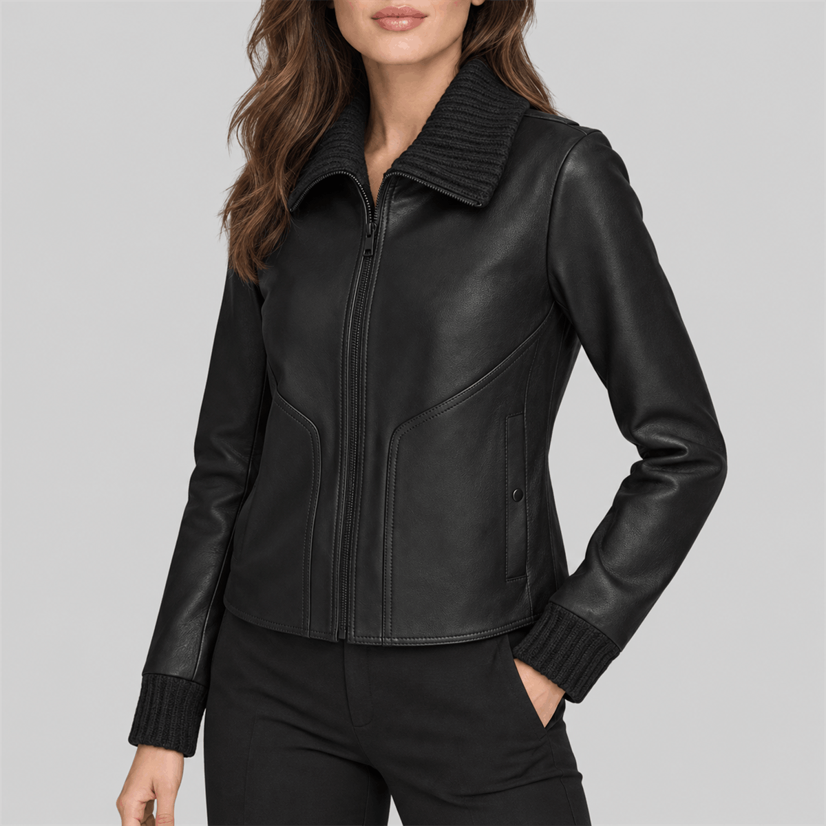Women's black Snap-Front Leather Jacket