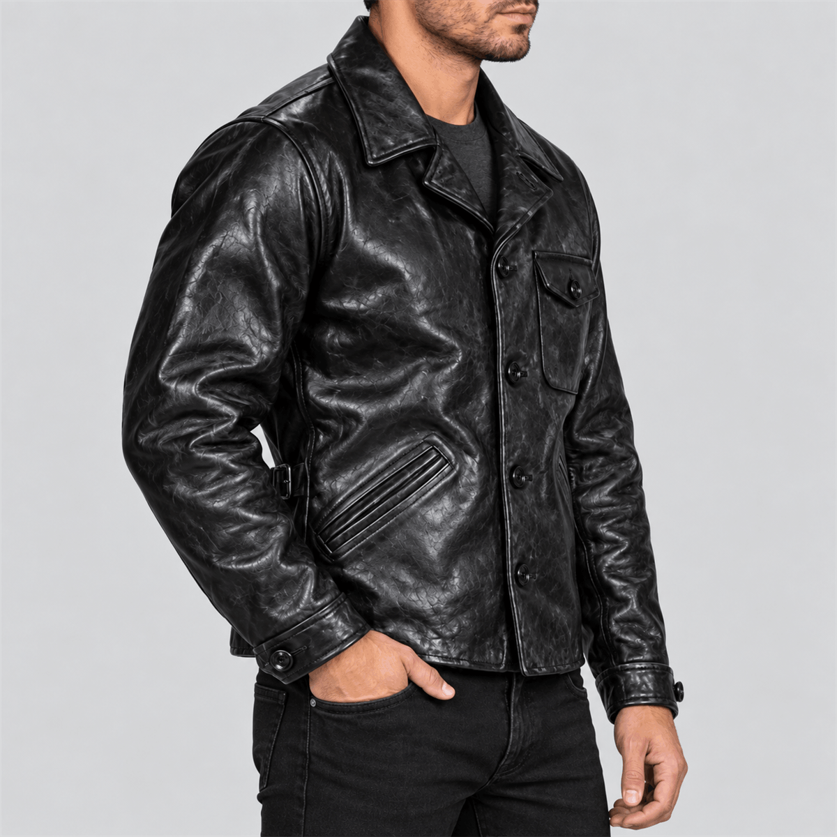 Men's Vintage Black Button-Front Half-Belt Cowhide Leather Jacket