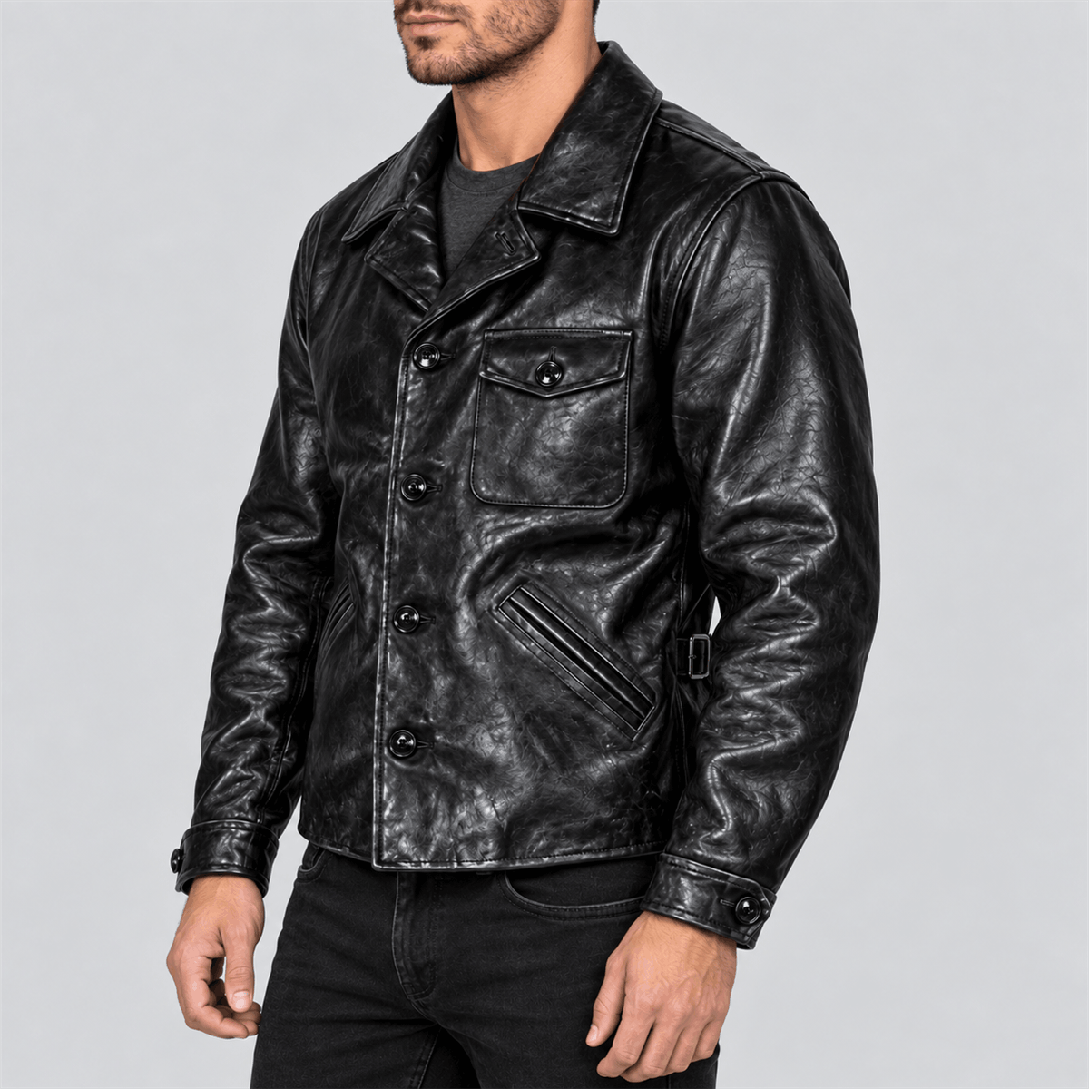 Men's Vintage Black Button-Front Half-Belt Cowhide Leather Jacket