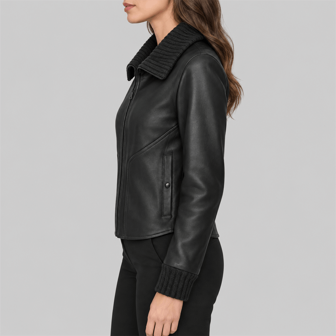 Women's black Snap-Front Leather Jacket