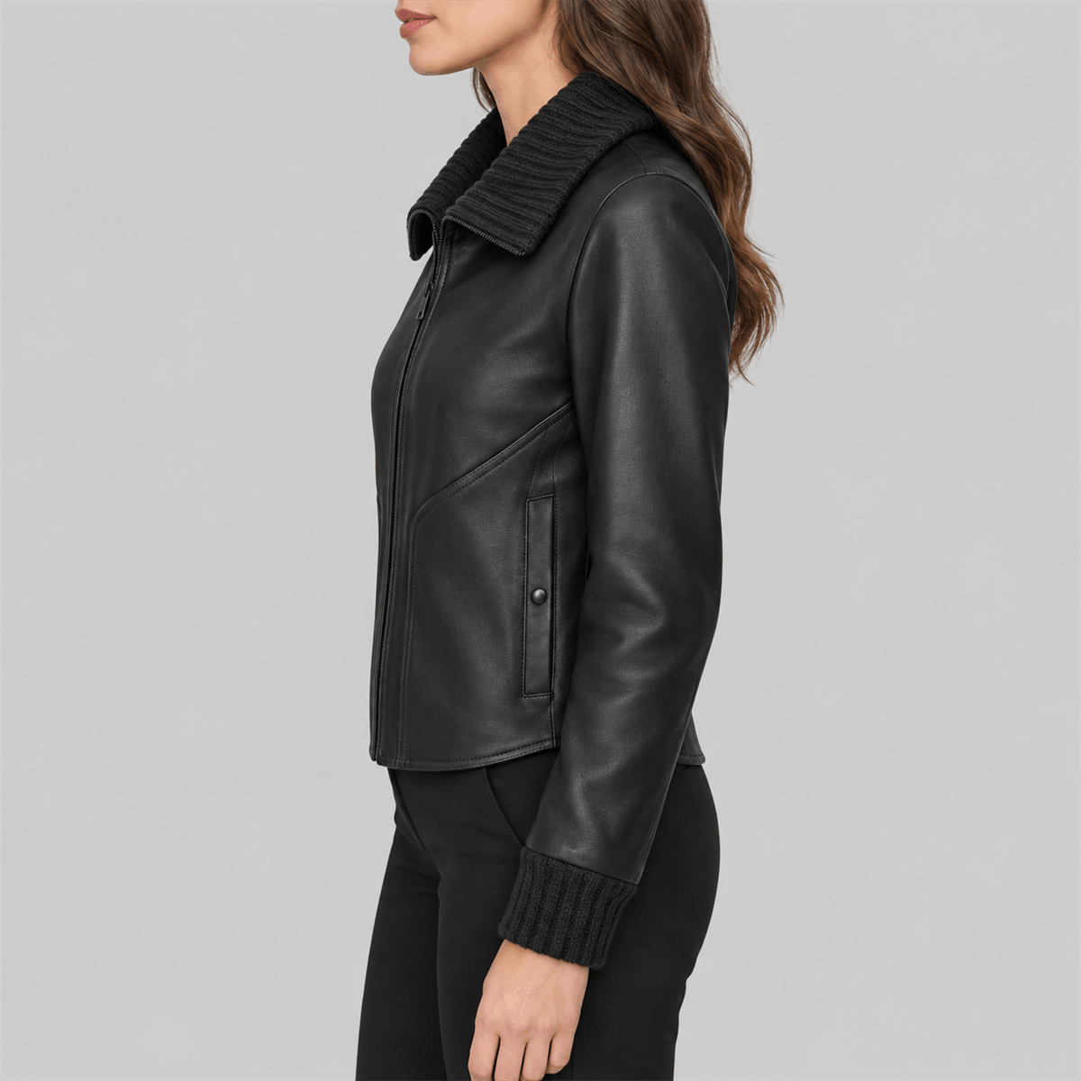 Women's black Snap-Front Leather Jacket