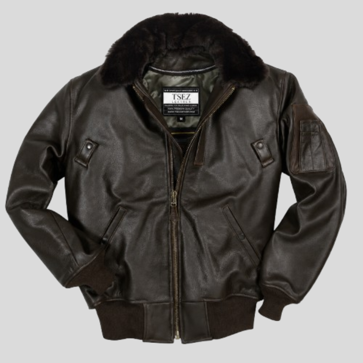 Men's B-15 Cowhide Leather Flight Bomber Jacket with Removable Fur Collar