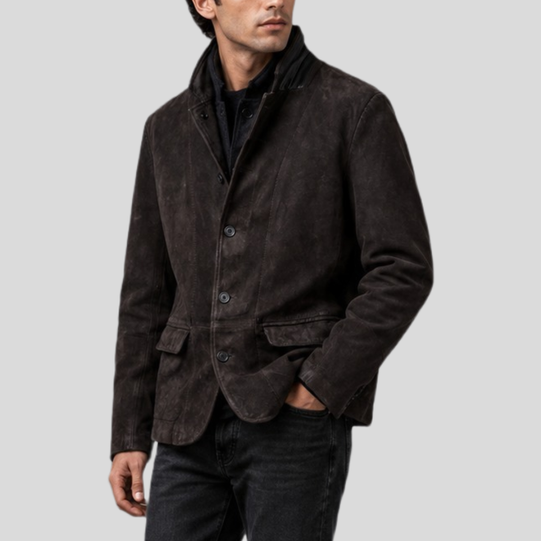 Men's Double-Layered Waxed Sheepskin Suede Blazer - Brown