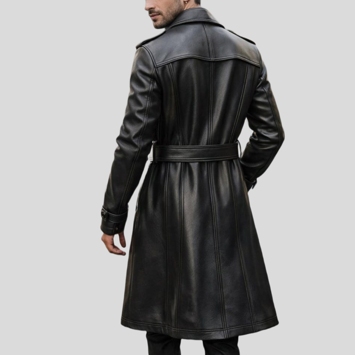 Men's Black Cowhide Leather Trench Overcoat