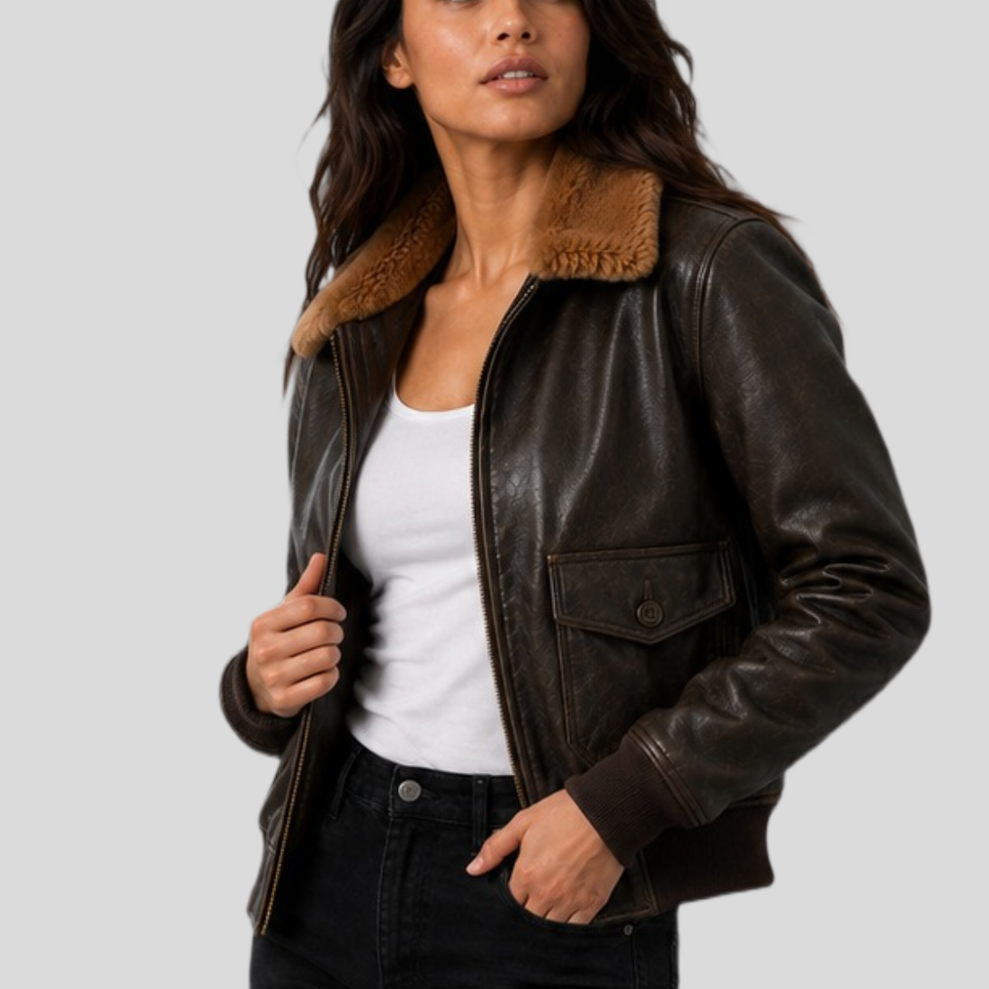 Women's Vintage Sheepskin Leather Bomber Jacket with Fur Collar - Brown