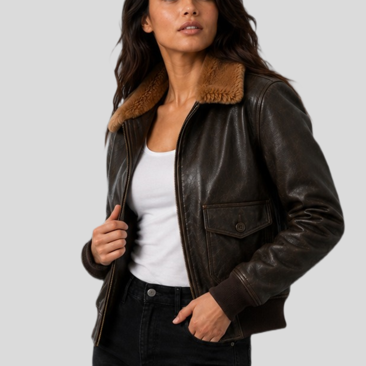 Women's Vintage Sheepskin Leather Bomber Jacket with Fur Collar