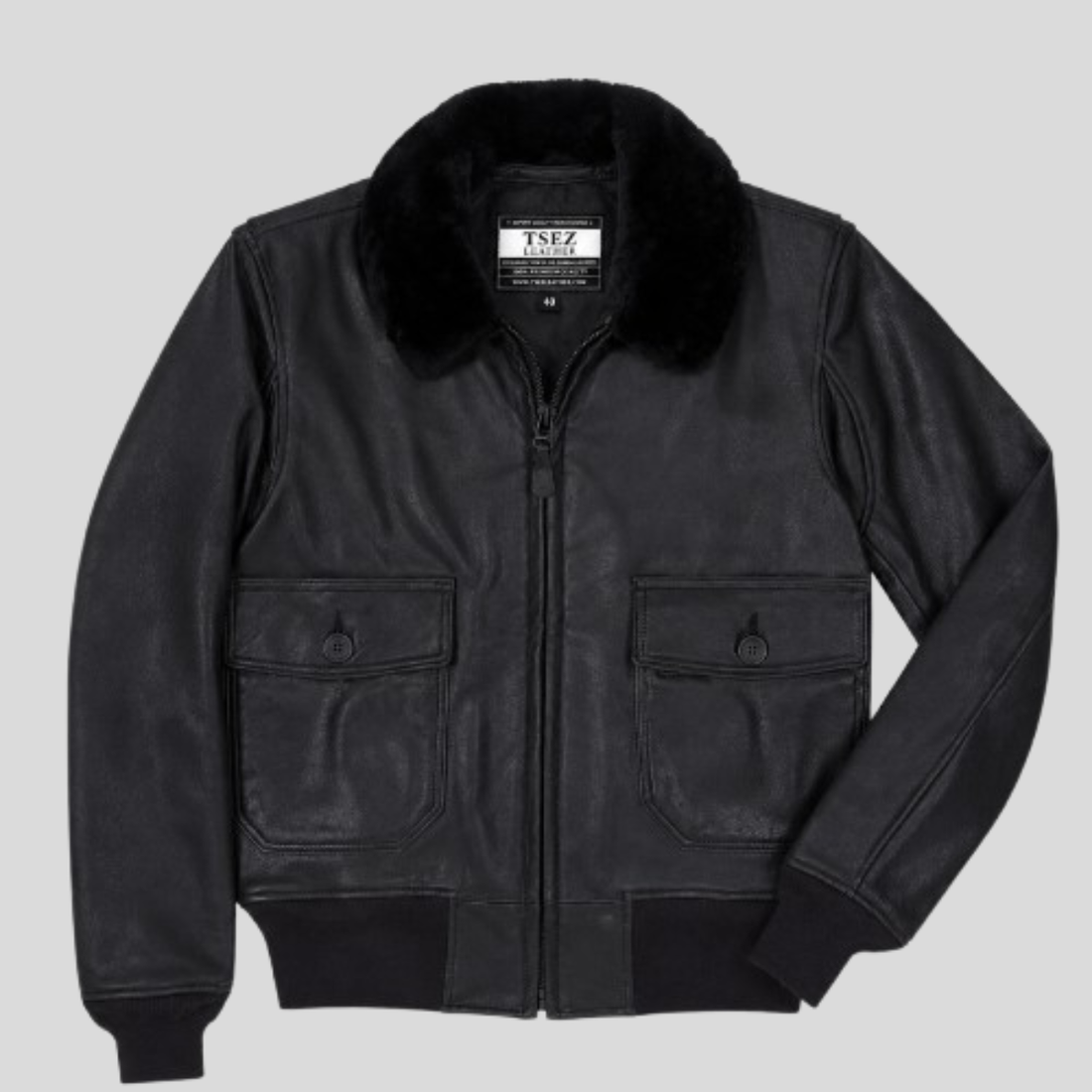 Men's Classic Sheepskin Leather Flight Bomber Jacket with Fur Collar - Black