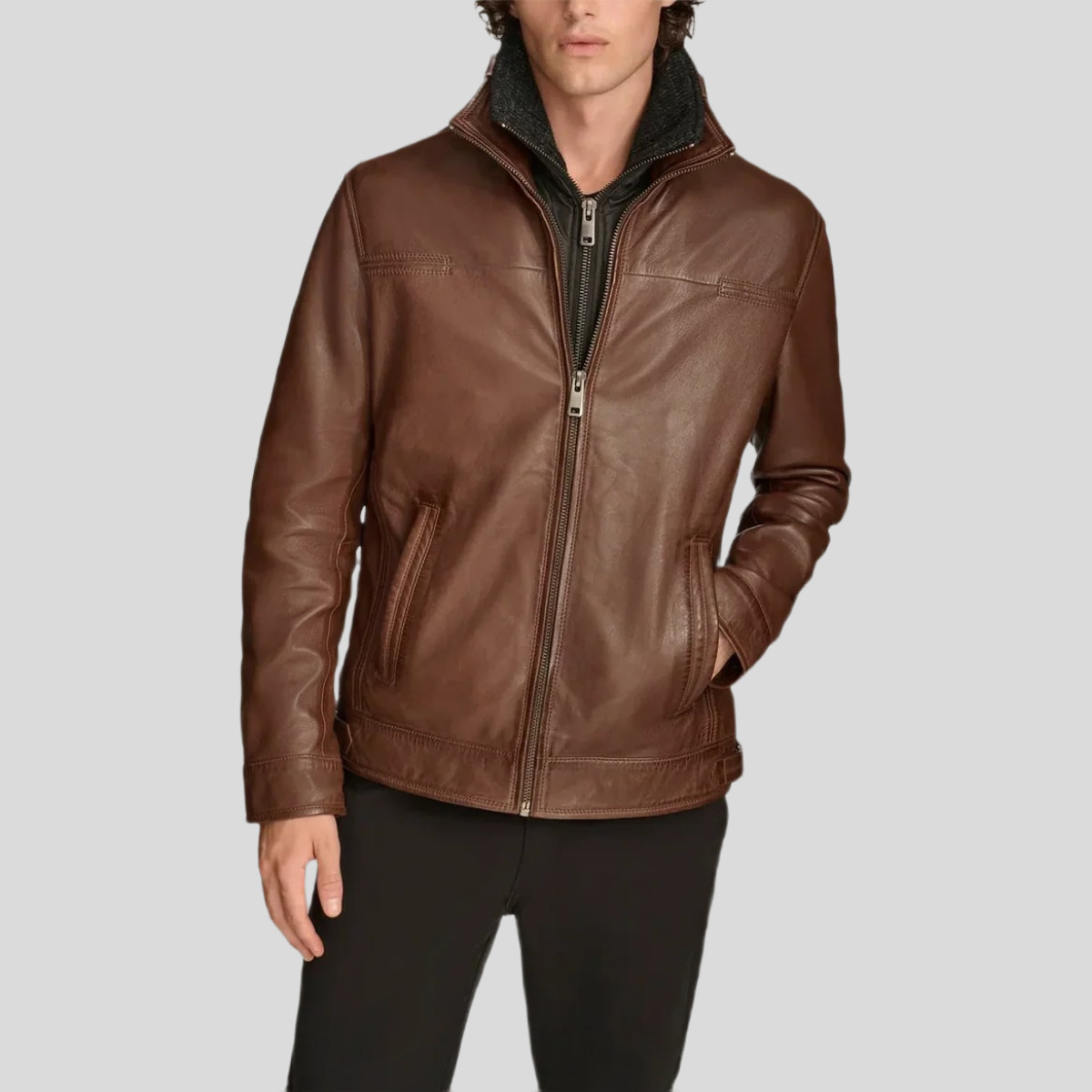 Men's Jett Leather Jacket with Removable Hood - Brown