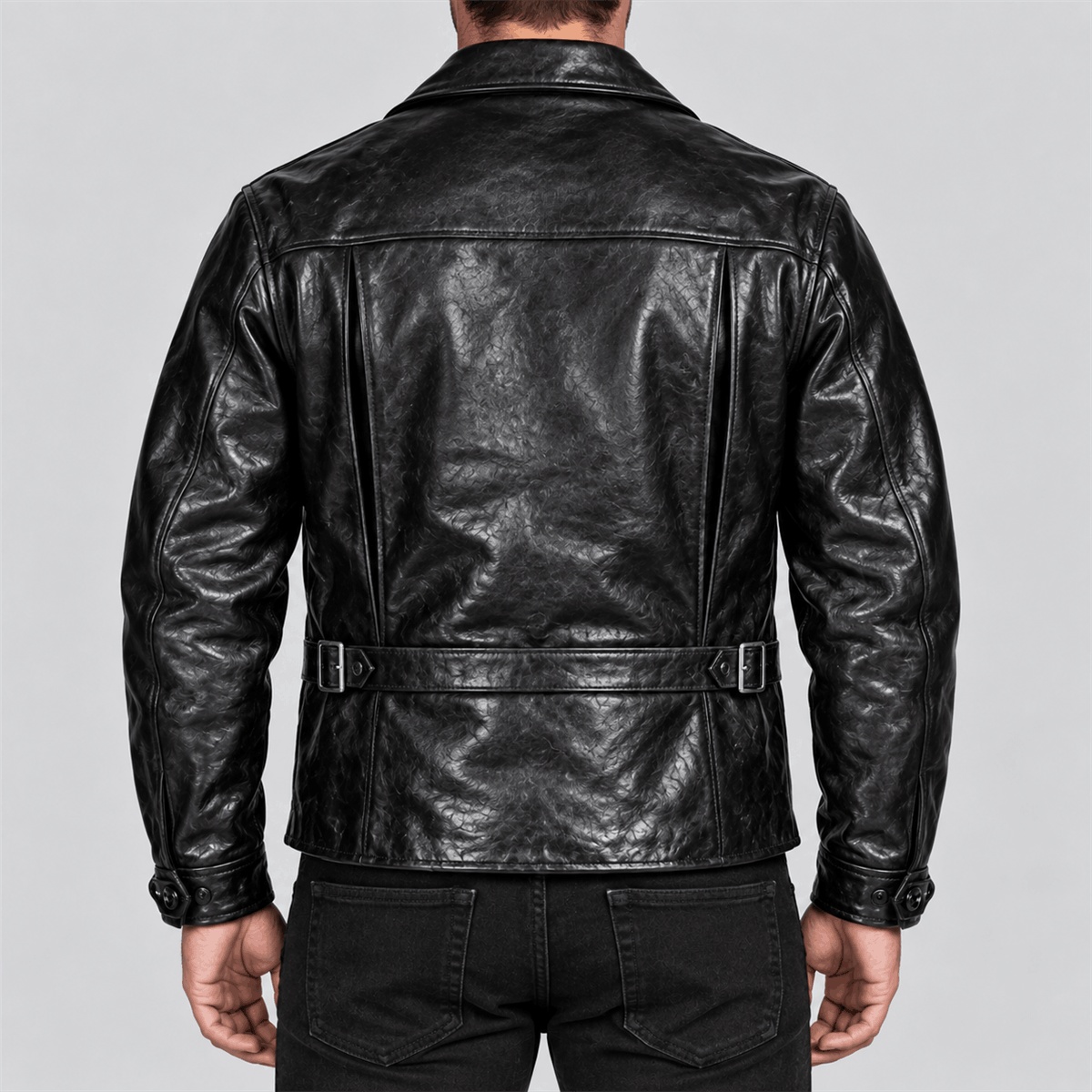 Men's Vintage Black Button-Front Half-Belt Cowhide Leather Jacket