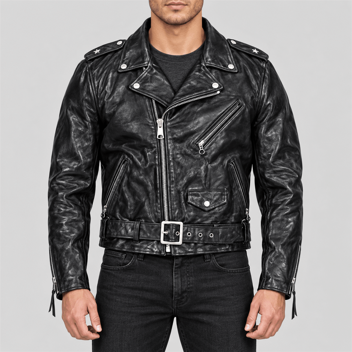 Men's One Star Black Belted Cowhide Leather Biker Jacket