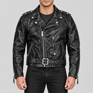 Men's One Star Black Belted Cowhide Leather Biker Jacket