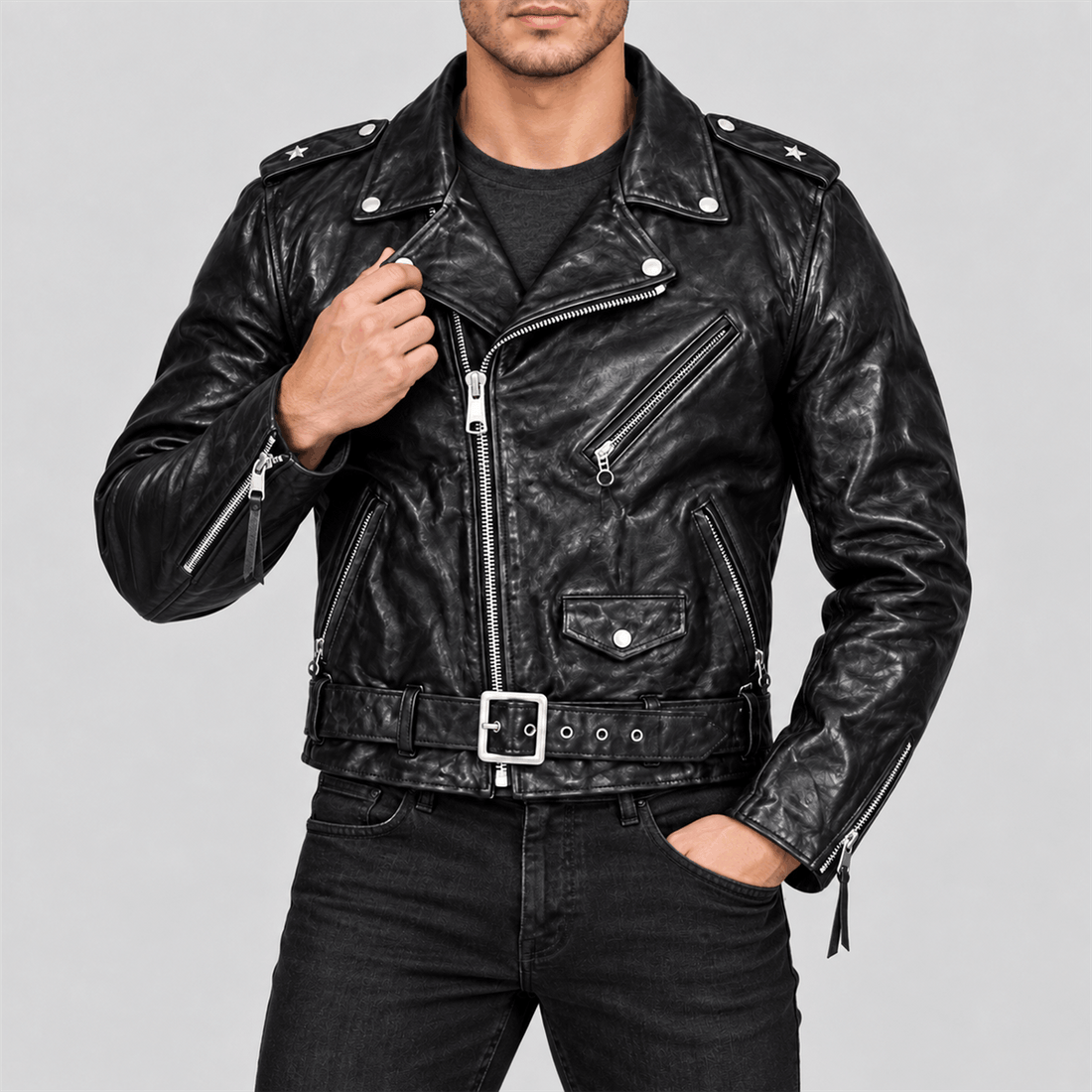 Men's One Star Black Belted Cowhide Leather Biker Jacket