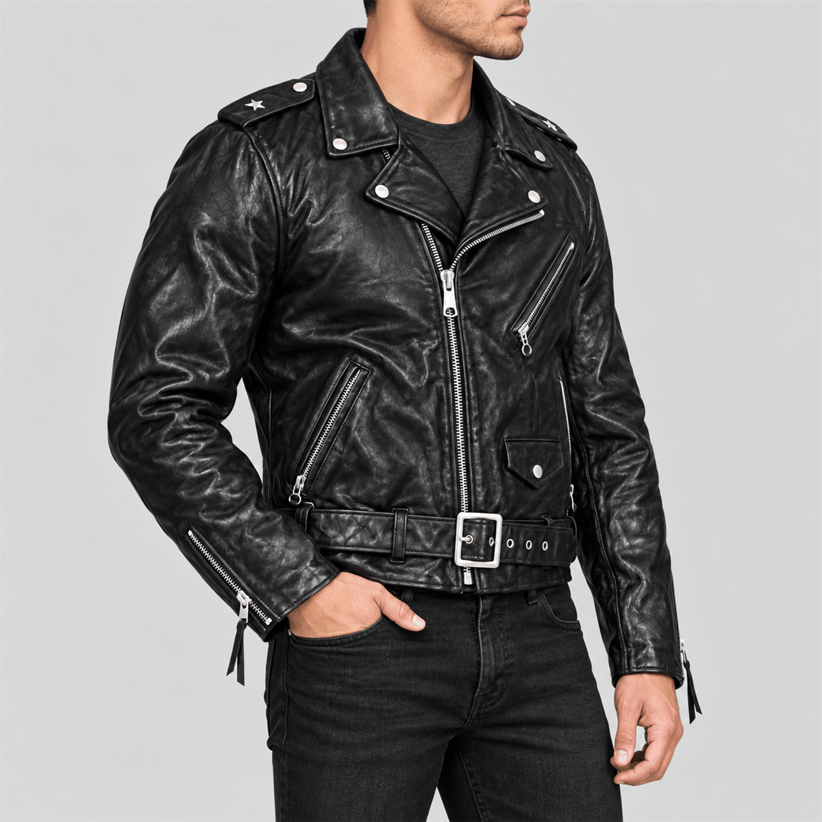 Men's One Star Black Belted Cowhide Leather Biker Jacket