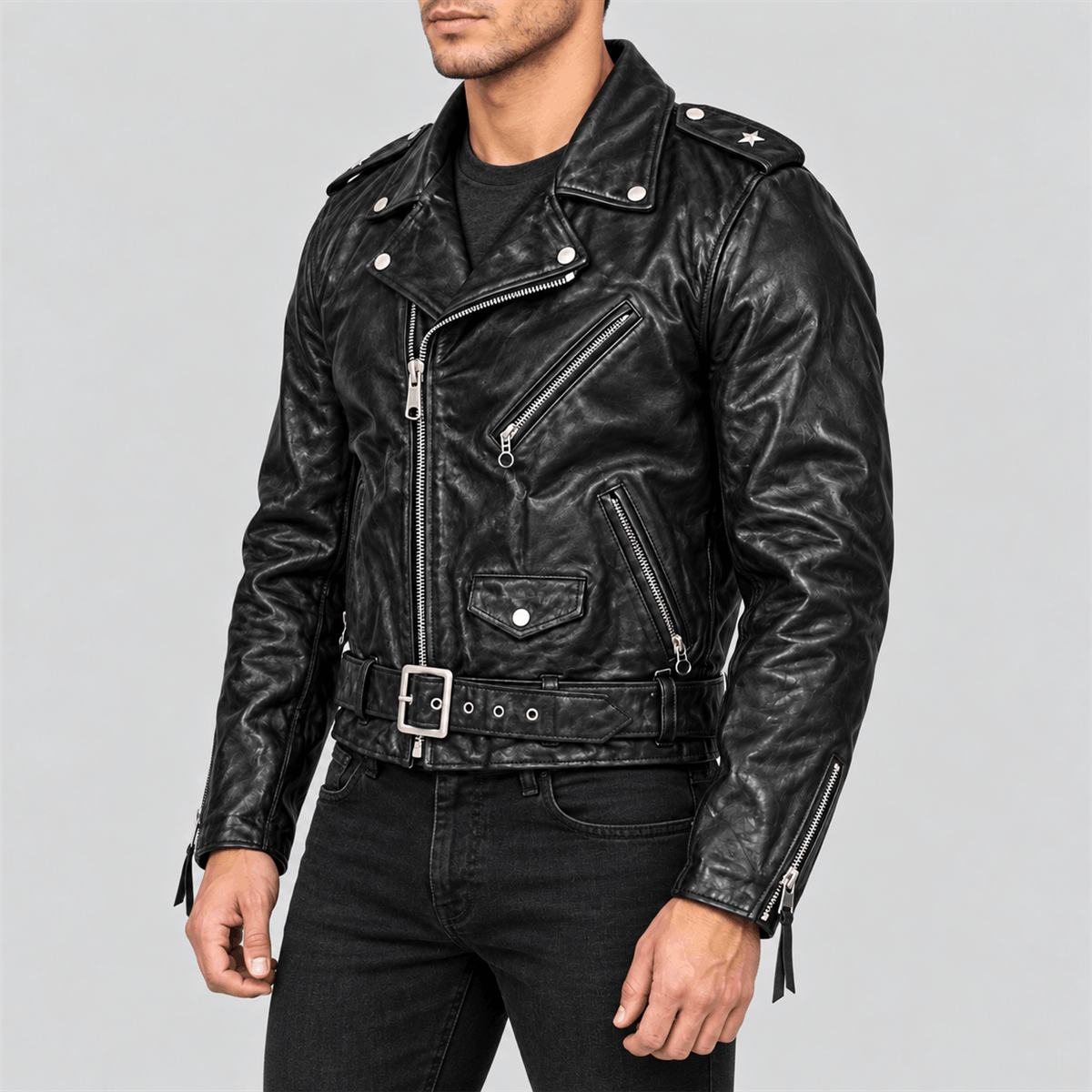 Men's One Star Black Belted Cowhide Leather Biker Jacket