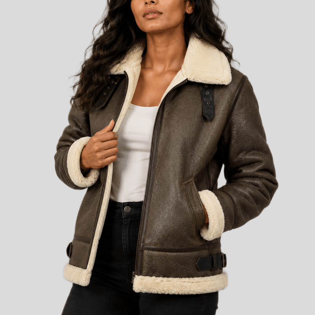 Women's Shearling Leather Bomber Jacket with Removable Fur Hood - Brown