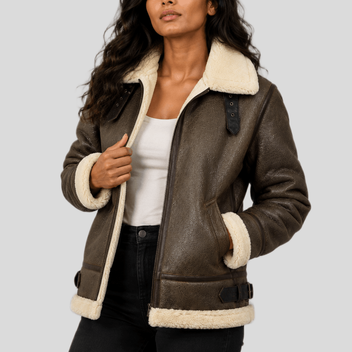 Women's Shearling Leather Bomber Jacket with Removable Fur Hood