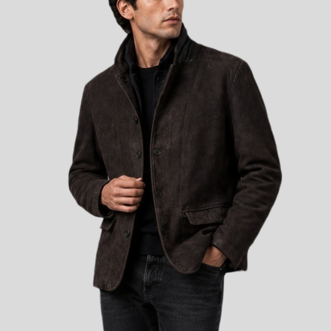 Men's Double-Layered Waxed Sheepskin Suede Blazer - Brown