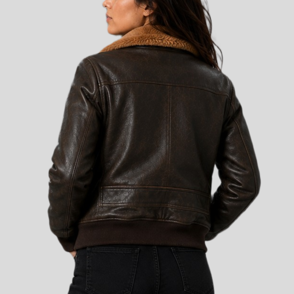 Women's Vintage Sheepskin Leather Bomber Jacket with Fur Collar