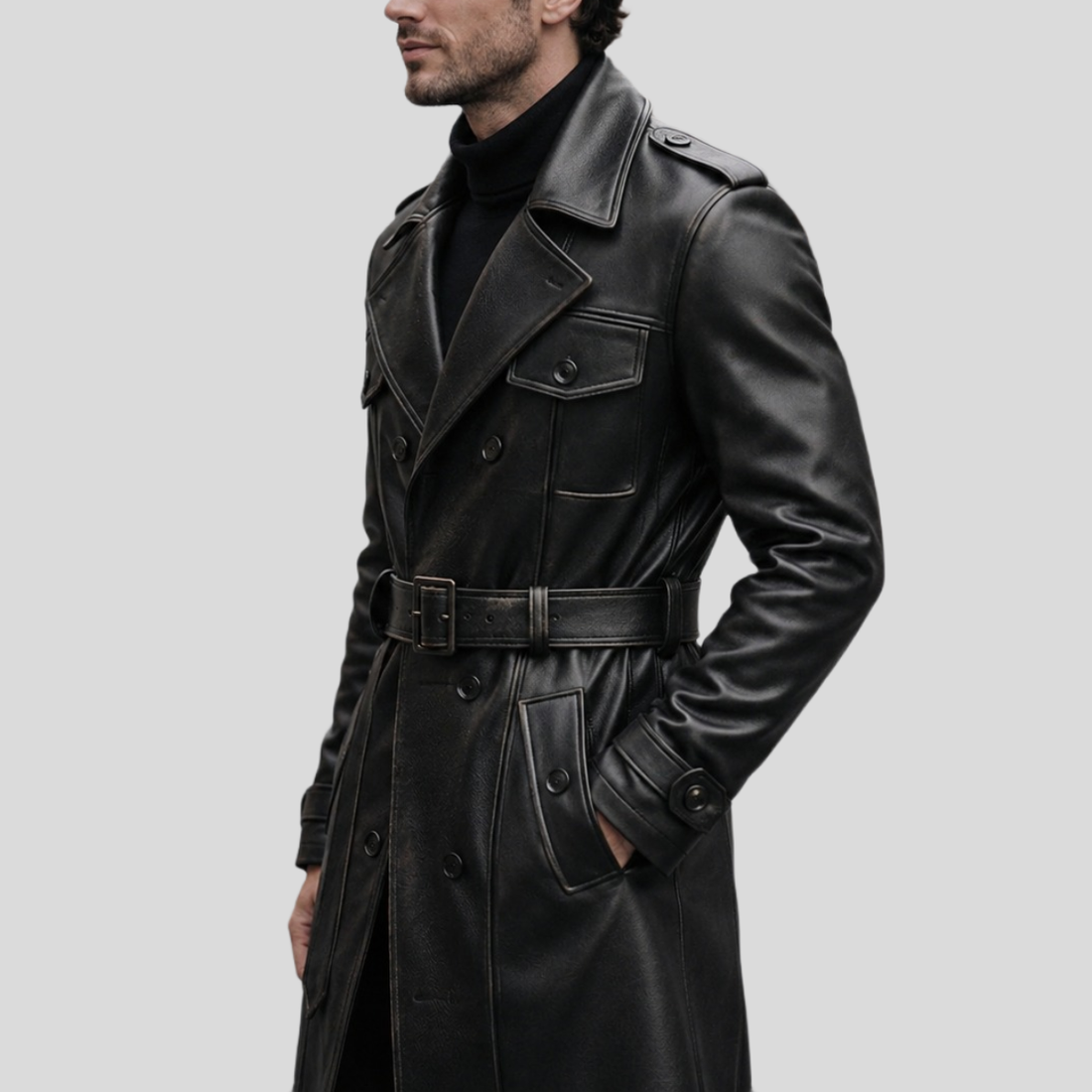 Men's Black Cowhide Leather Trench Overcoat - Black