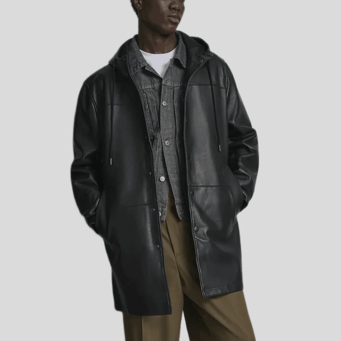Men's Leather Anorak Car Coat - Black